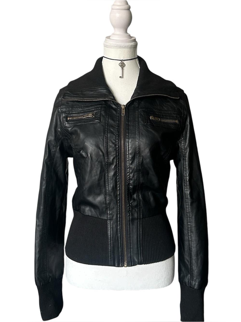 Y2K Grunge “Seductions” Black Faux Leather Bomber Style Zip-up Jacket